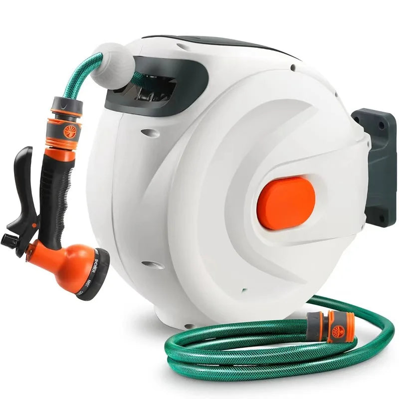 Retractable Garden Hose Reel 1/2 Inch x 130 ft, Super Heavy Duty, Any Length Lock, Slow Return System, Wall Mounted and 180 Deg