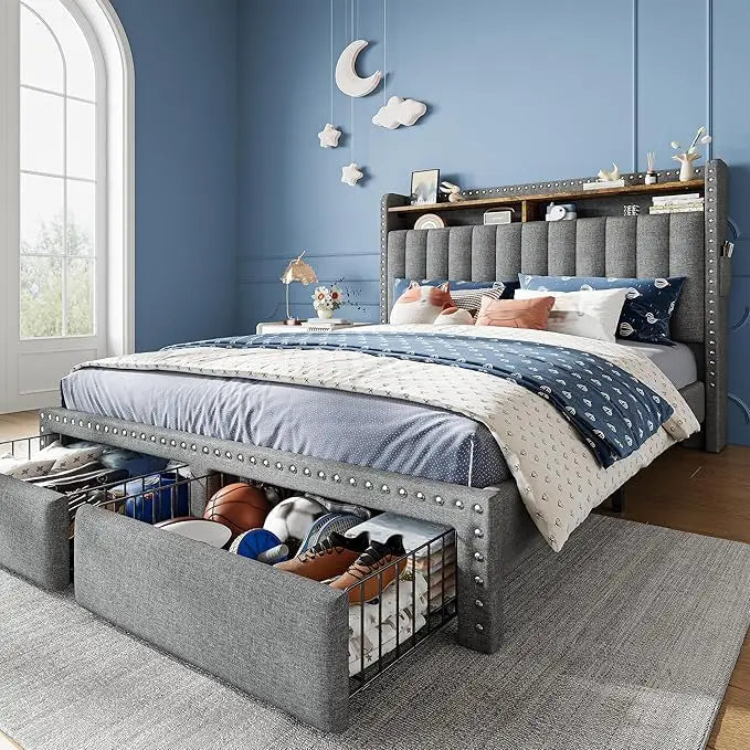 King Platform Bed Frame With Storage Drawers And Headboard Shelf