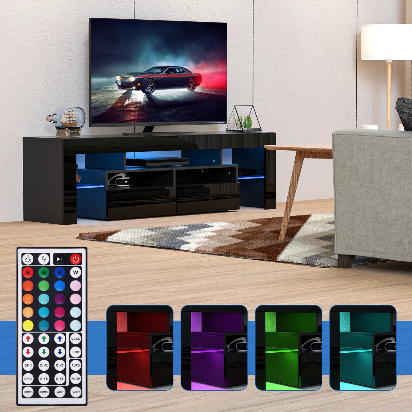 QiaoShiRen LED TV Stand With Storage Drawers Modern Black Cabinet