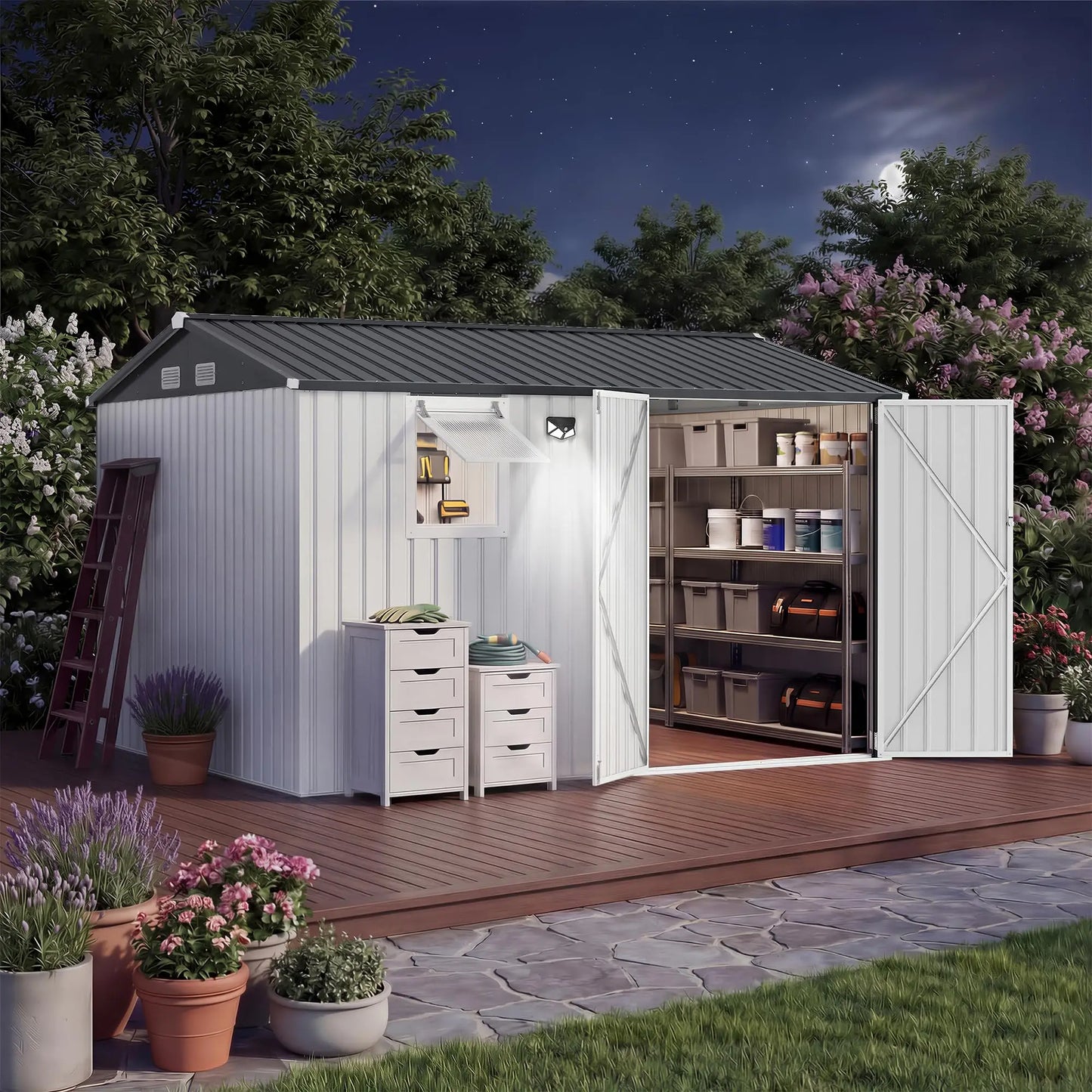HiMISS Steel Garden Storage Shed With Sloped Roof Lockable Doors Vents Window