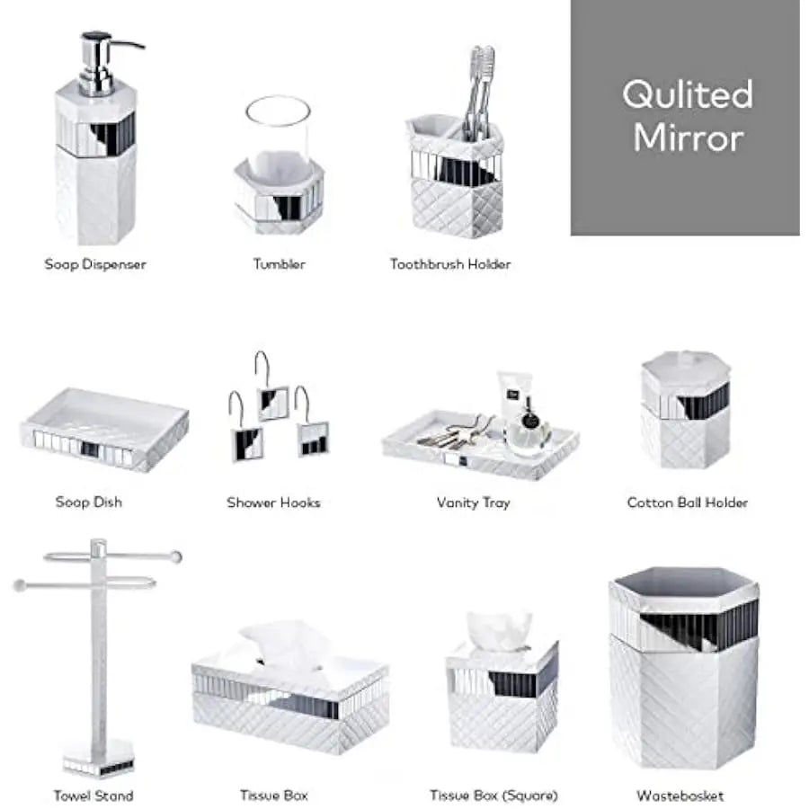 Quilted Mirror Bathroom Accessories Set With Trash Can Tissue Box