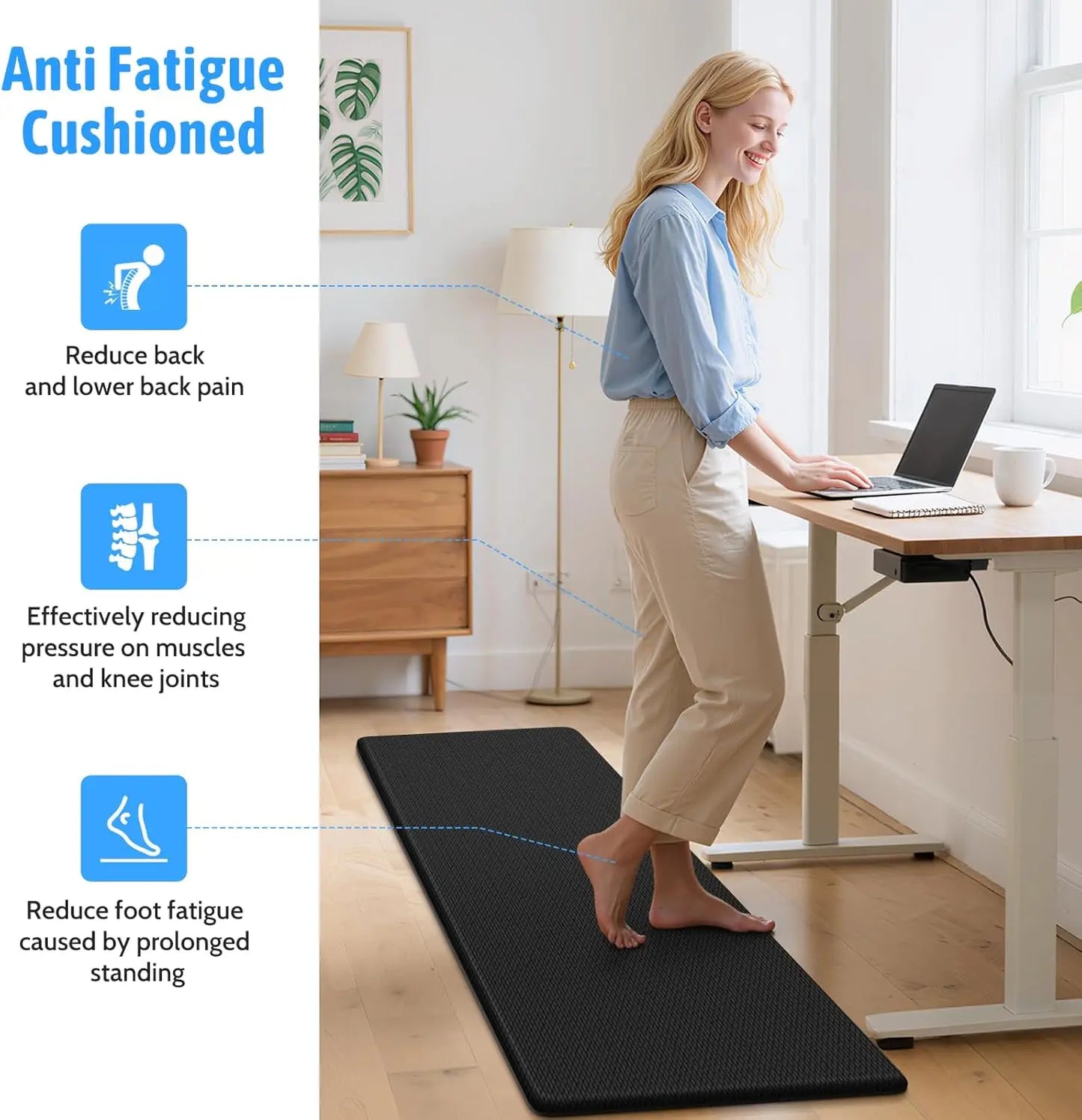 2-Piece Cushioned Kitchen Mat Set, Anti-Fatigue Non-Skid Floor Rug for Sink and Office, Black 17.3x30+47 Inches