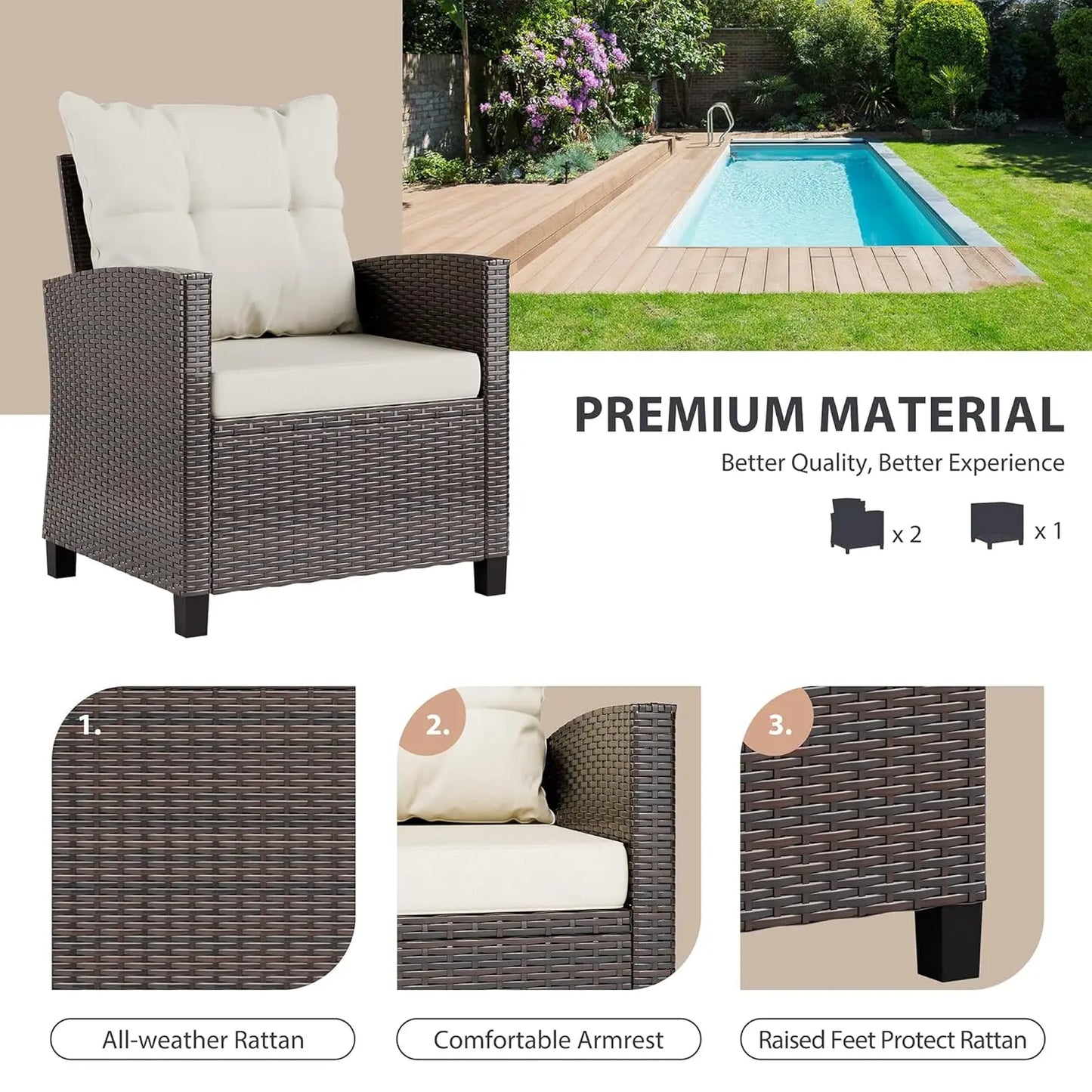 3 Piece Patio Furniture Set Small Outdoor Wicker Rattan Front Porch Bistro Set Cushioned Patio Chairs Conversation, Customized