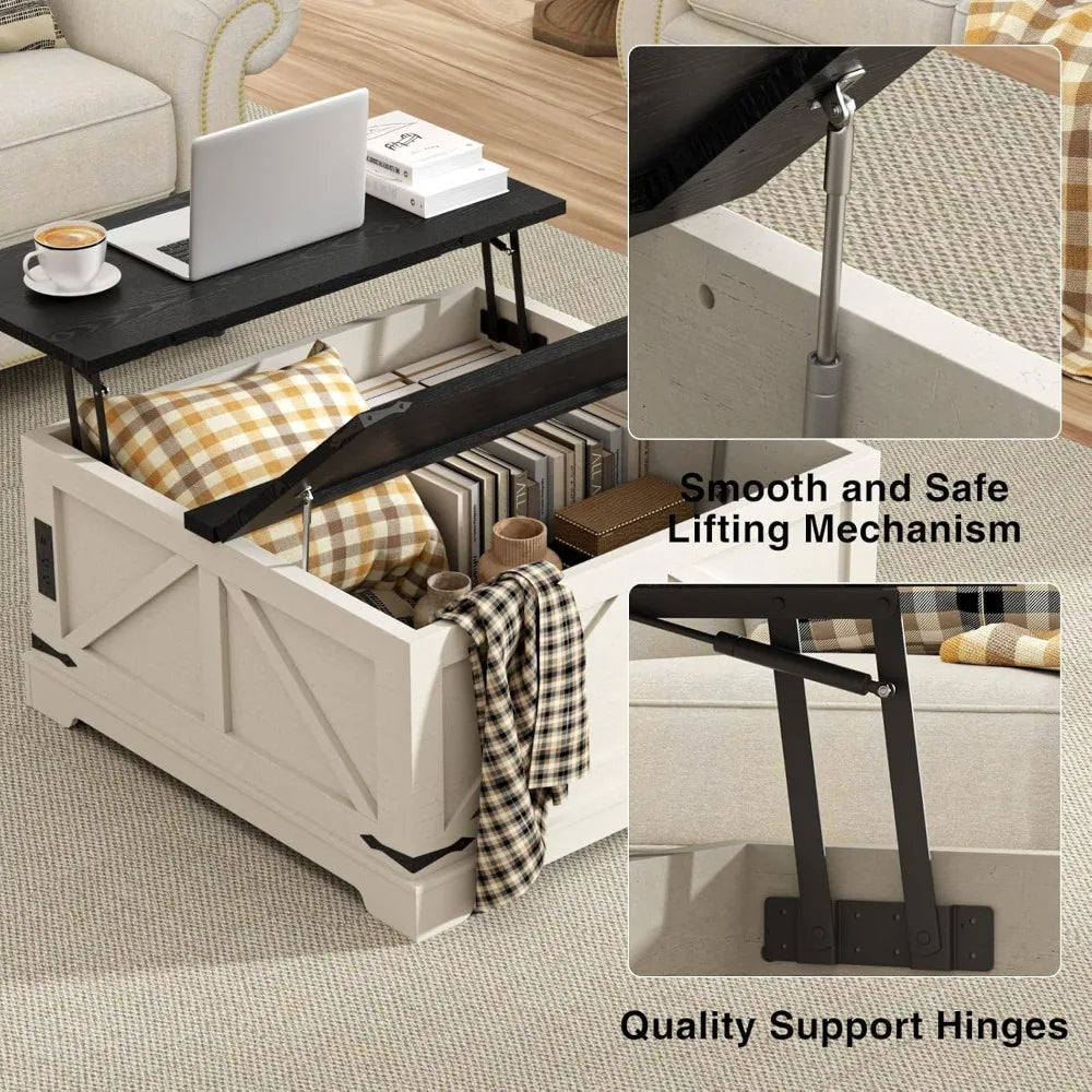 Farmhouse Lift Top Coffee Table With Storage And Charging Station