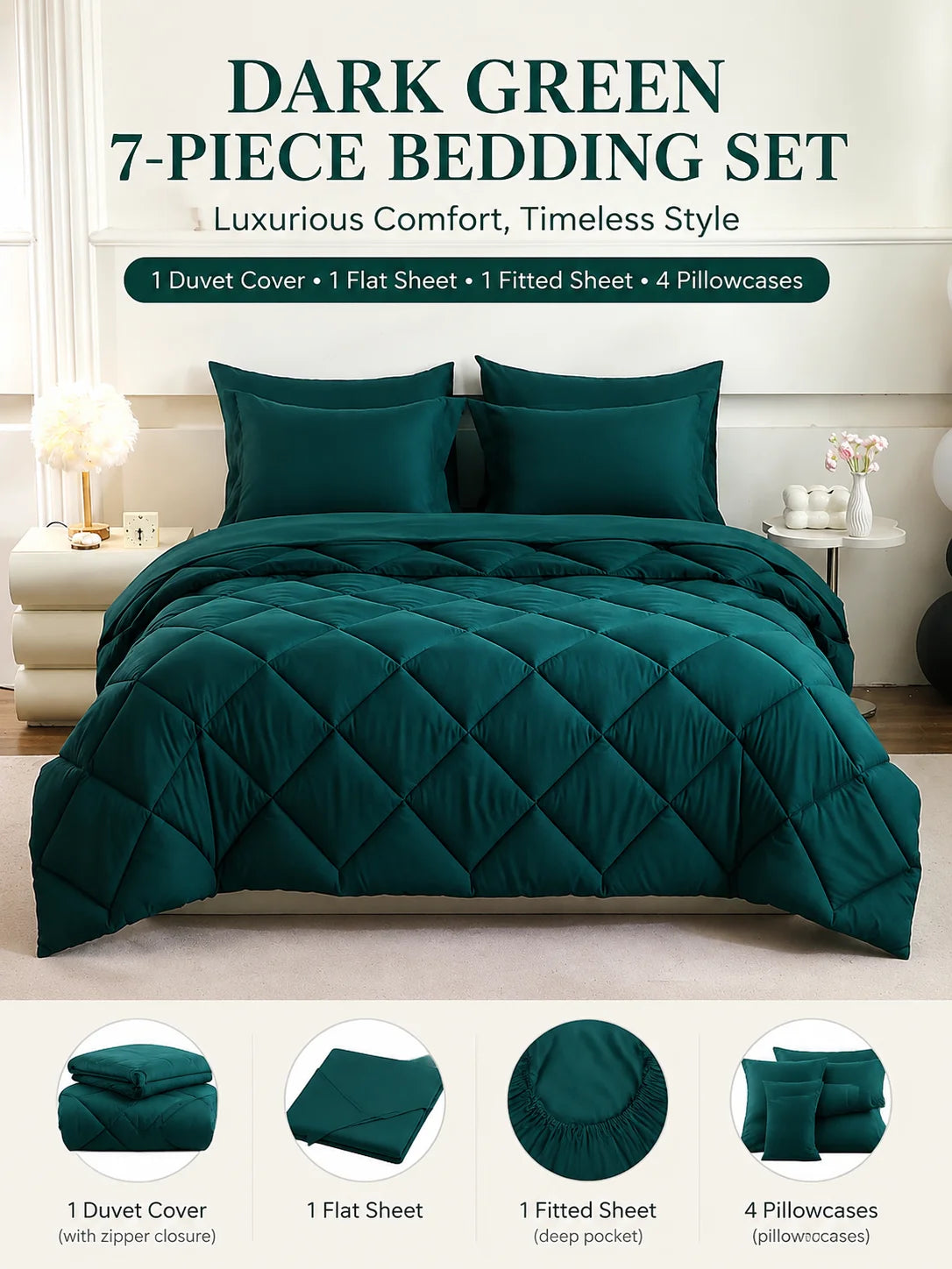 EasYum 7 Piece Bedding Set Comforter Sheet Pillowcases