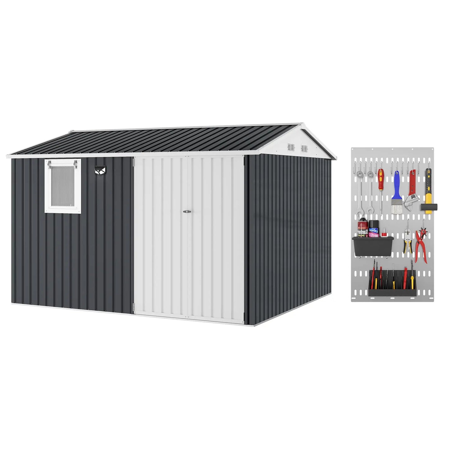 HiMISS Steel Garden Storage Shed With Sloped Roof Lockable Doors Vents Window