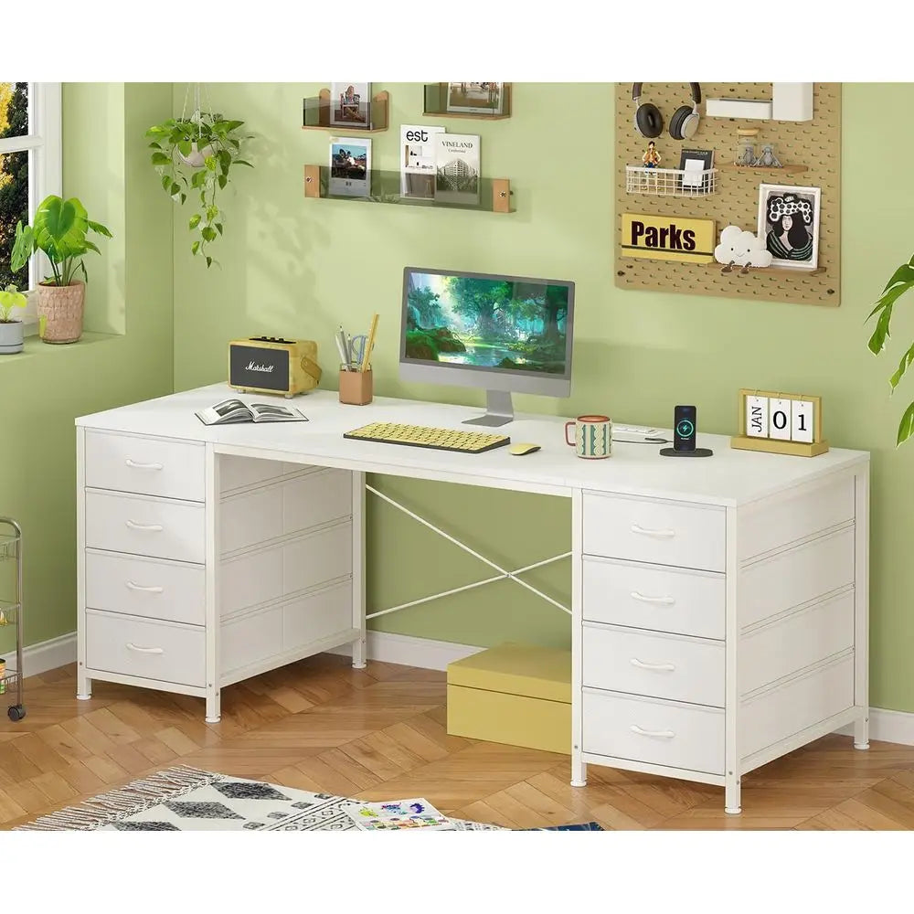 60 Inch Rectangular Computer Desk With 8 Fabric Drawers And Power Outlets