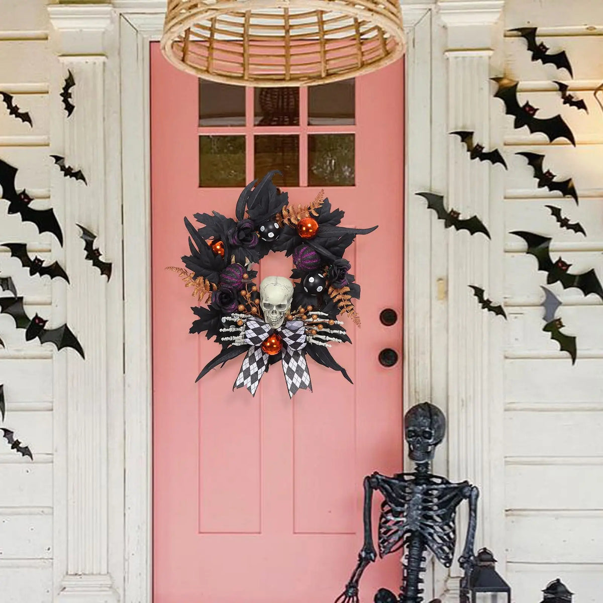 HiMiss Gothic Halloween Skeleton Wreath Front Door Decor