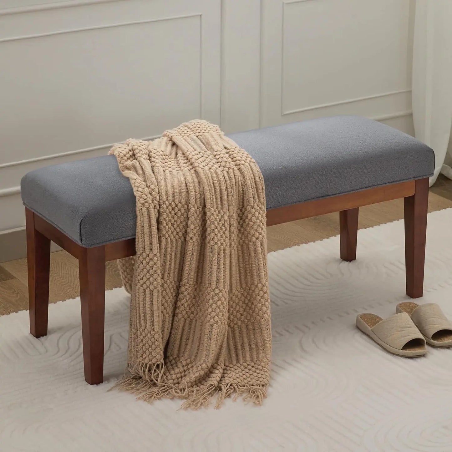 Linen Upholstered Bedroom Bench for End of Bed and Entryway