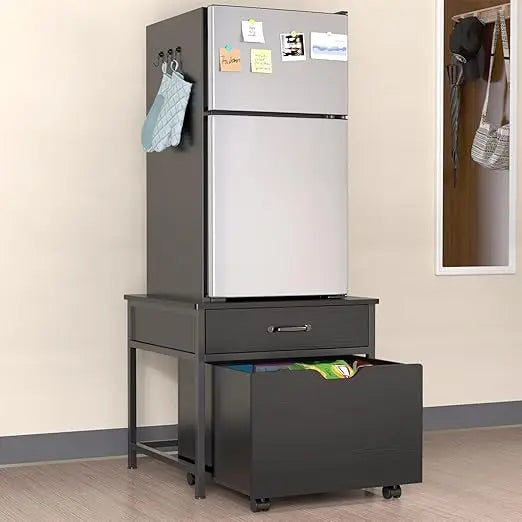 Mini Fridge Stand with Storage, Heavy Duty Mini Fridge Table with Rolling Cabinet 220LBS Capacity Tabletop for Dorm, Apartment,