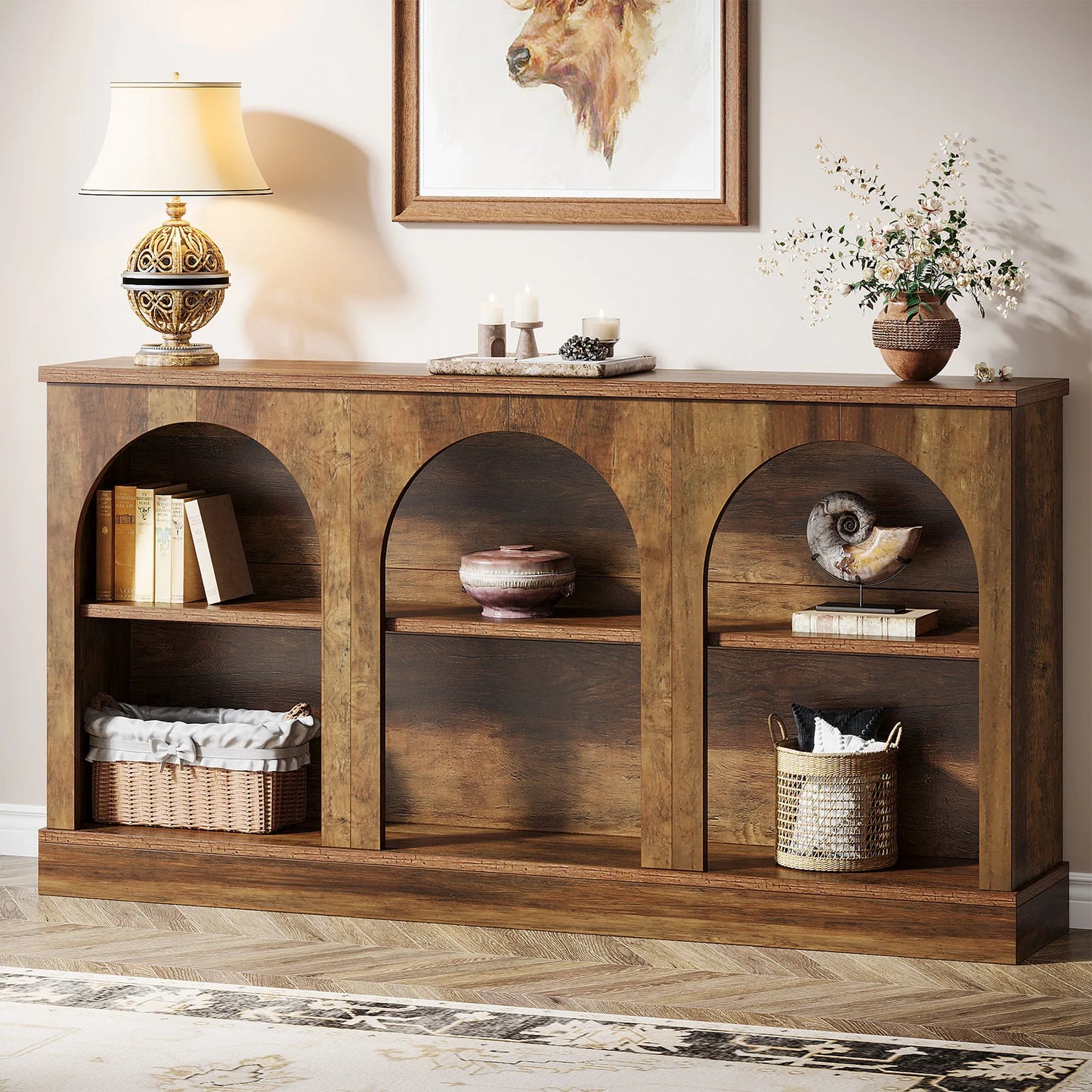 Tribesigns Farmhouse Console Table With 3 Tier Storage Wooden Design