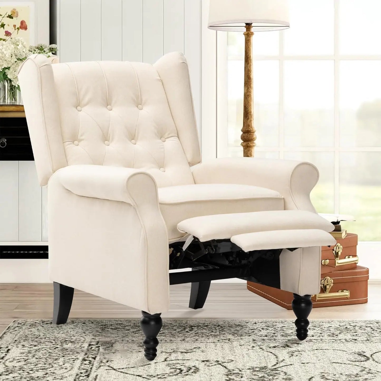 Mid Century Wingback Linen Recliner Chair Button Tufted For Adults