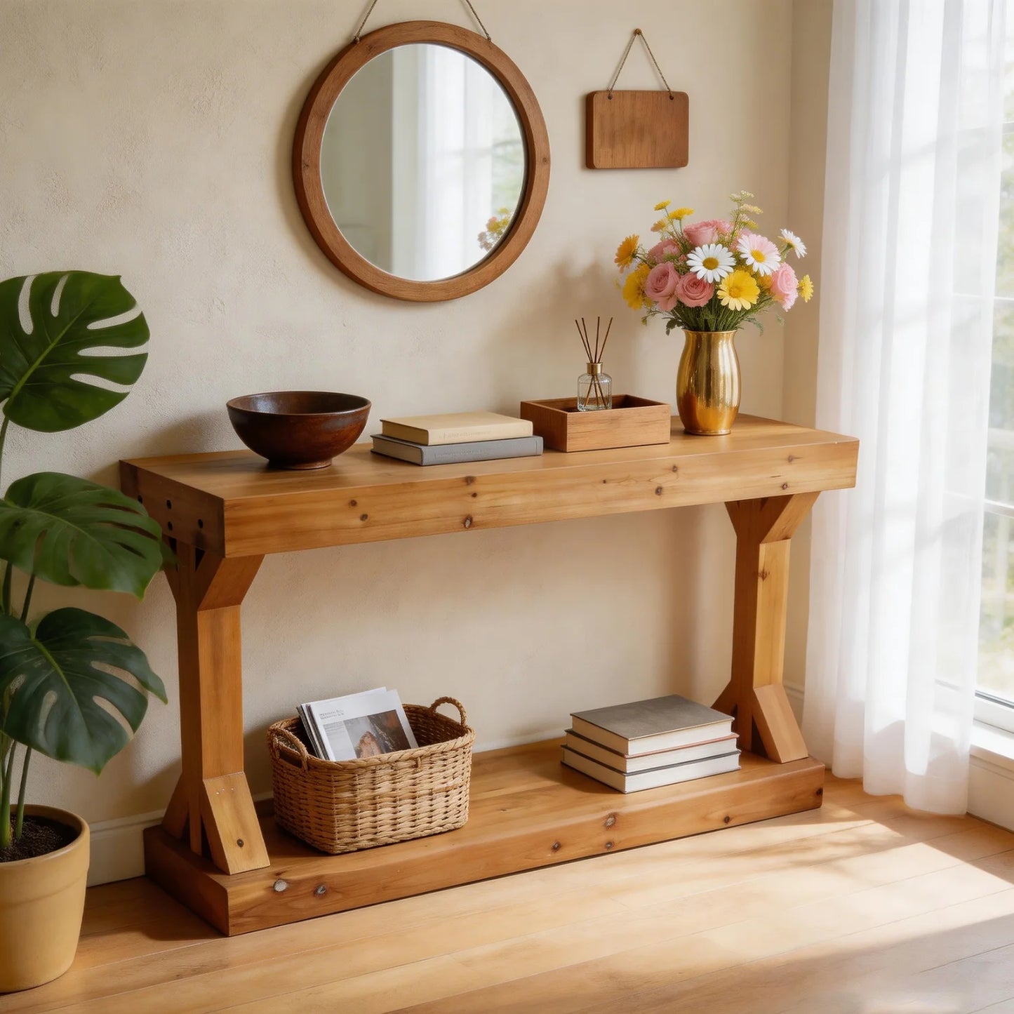 American Country Wood Sofa Console Table With Storage Shelf