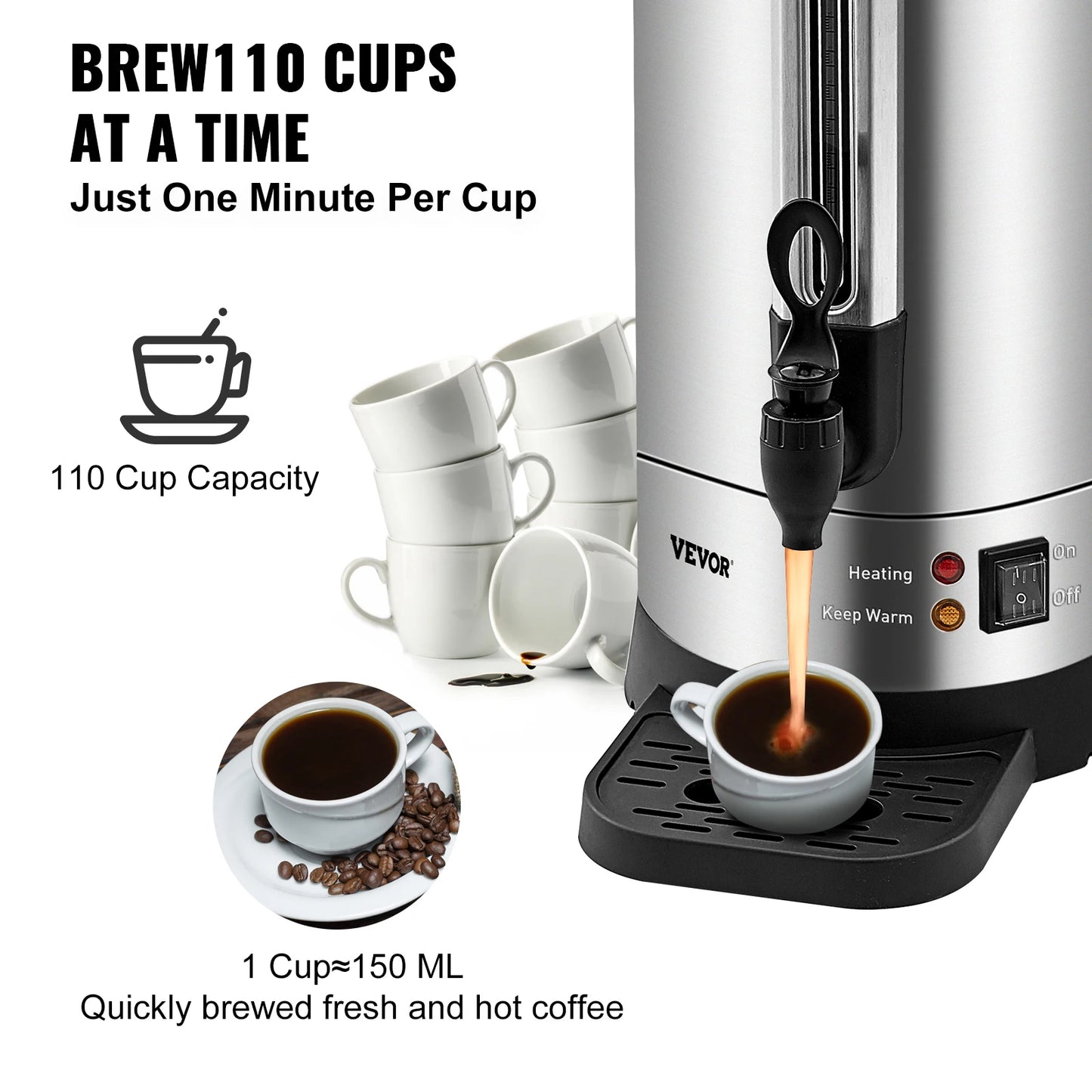SucceBuy 110 Cups Stainless Steel Coffee Thermos Urn Commercial Hot Water Dispenser for Camping Fast Brewing Easy Cleaning