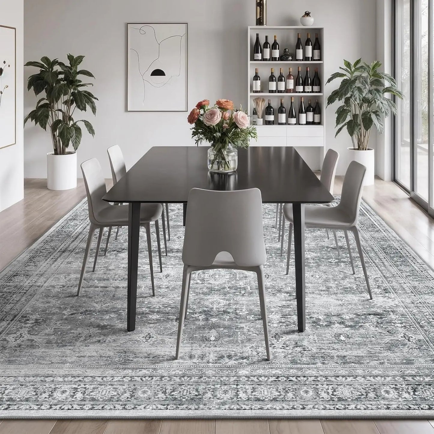 8x10 Washable Gray Floral Area Rug With Non Slip Backing