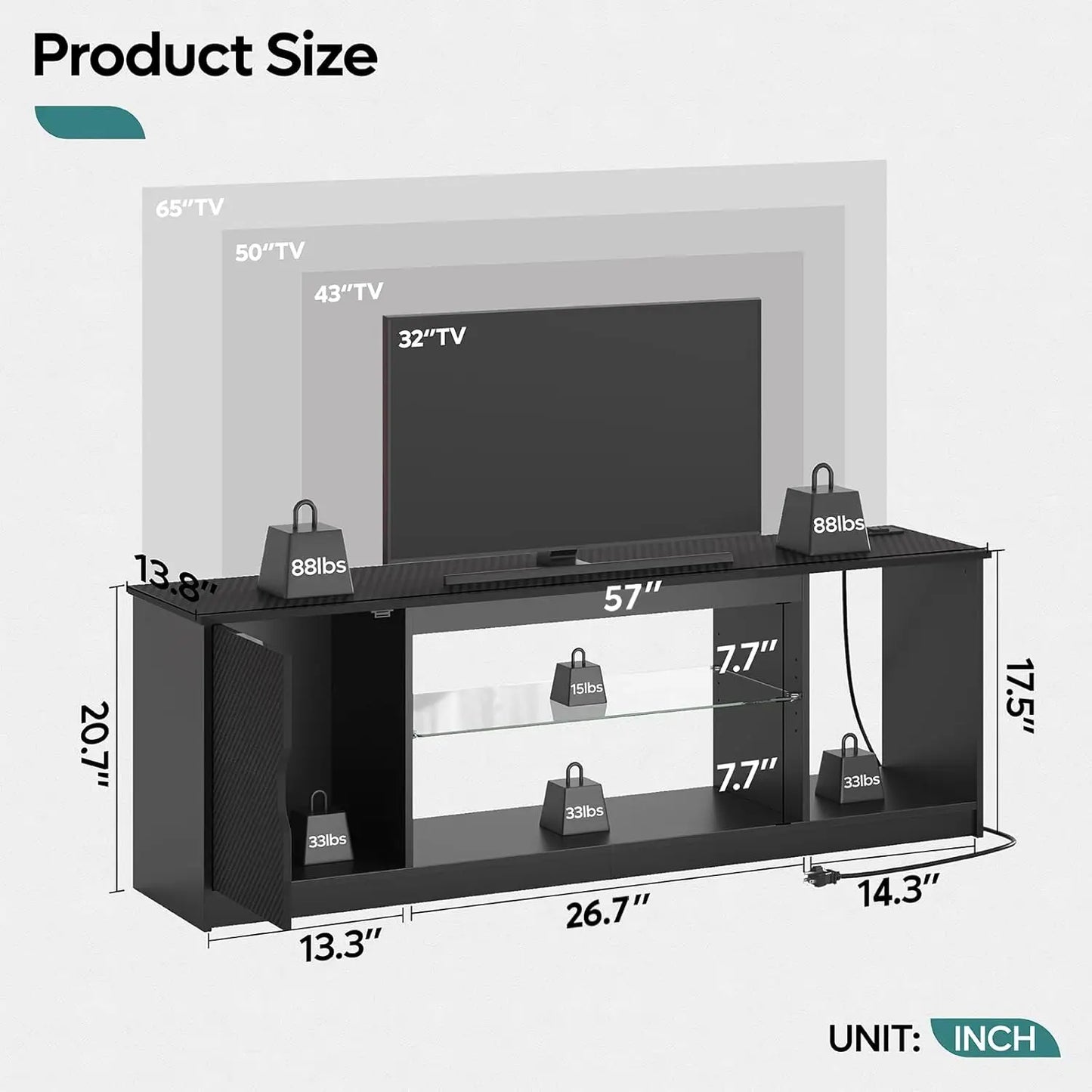 Gaming TV Stand With Power Outlets And Adjustable Glass Shelves