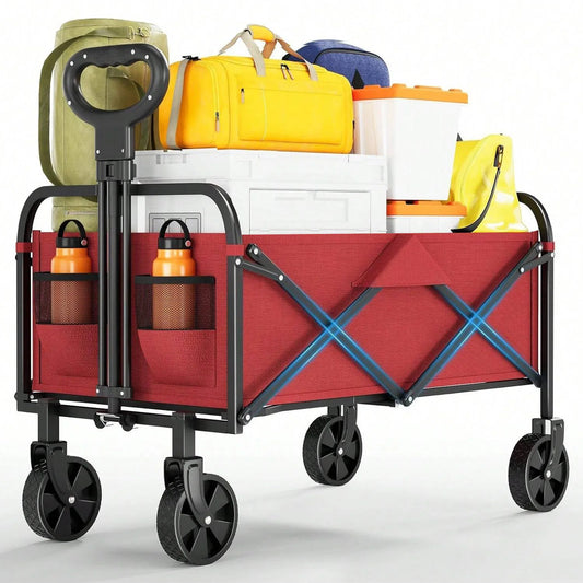 Foldable Utility Wagon With All Terrain Wheels And Drink Holders