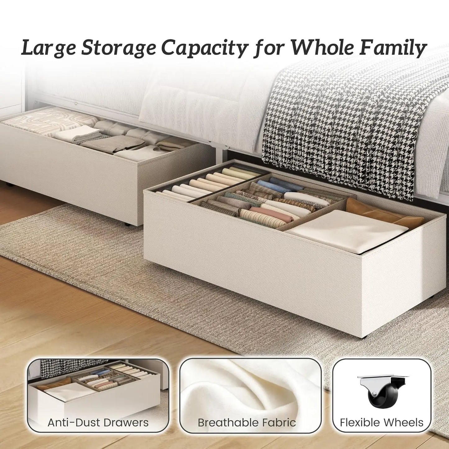 CHENGWEI Bed Frame With Headboard Storage Drawers LED Lights