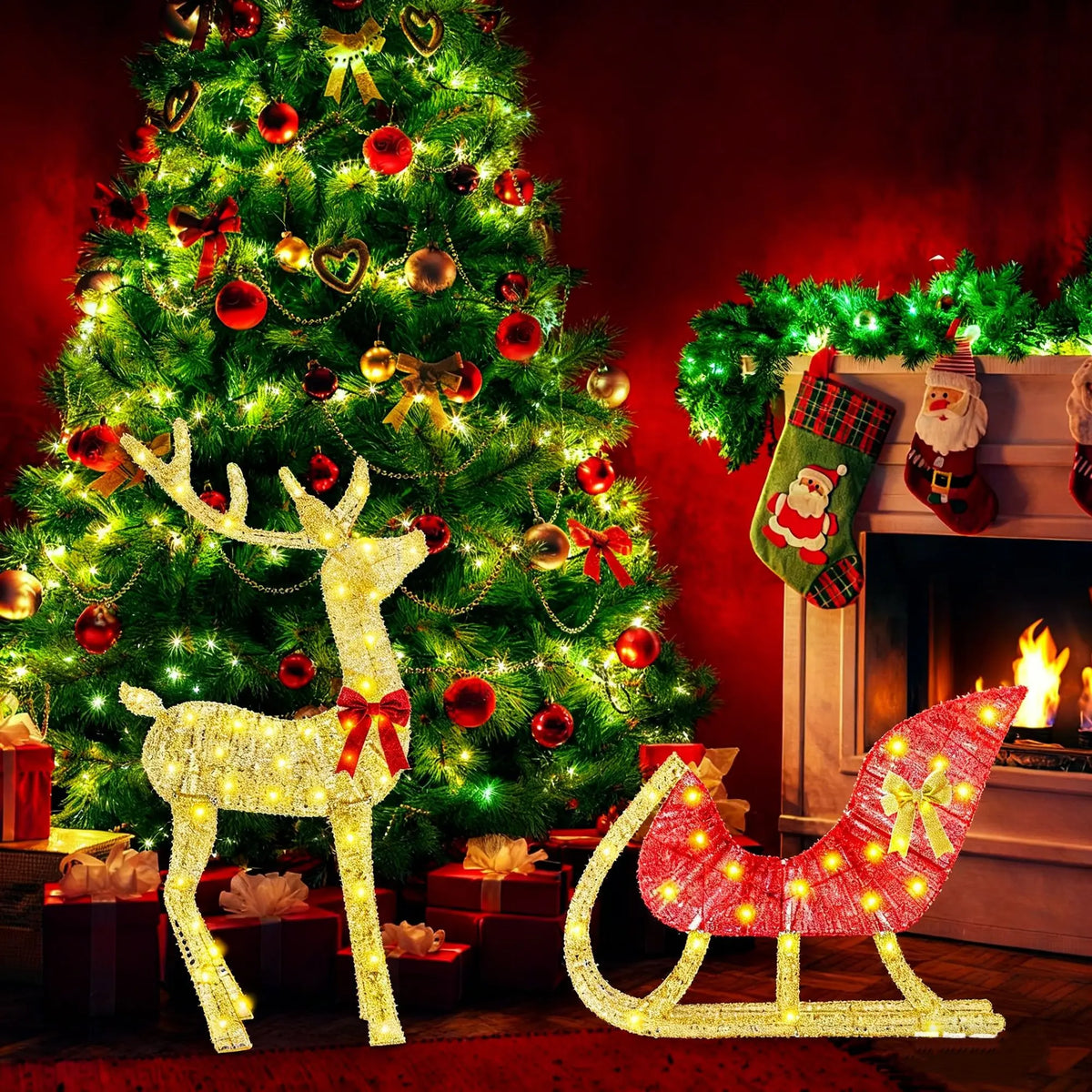 LED Christmas Reindeer Sleigh Outdoor Decoration With Iron Frame
