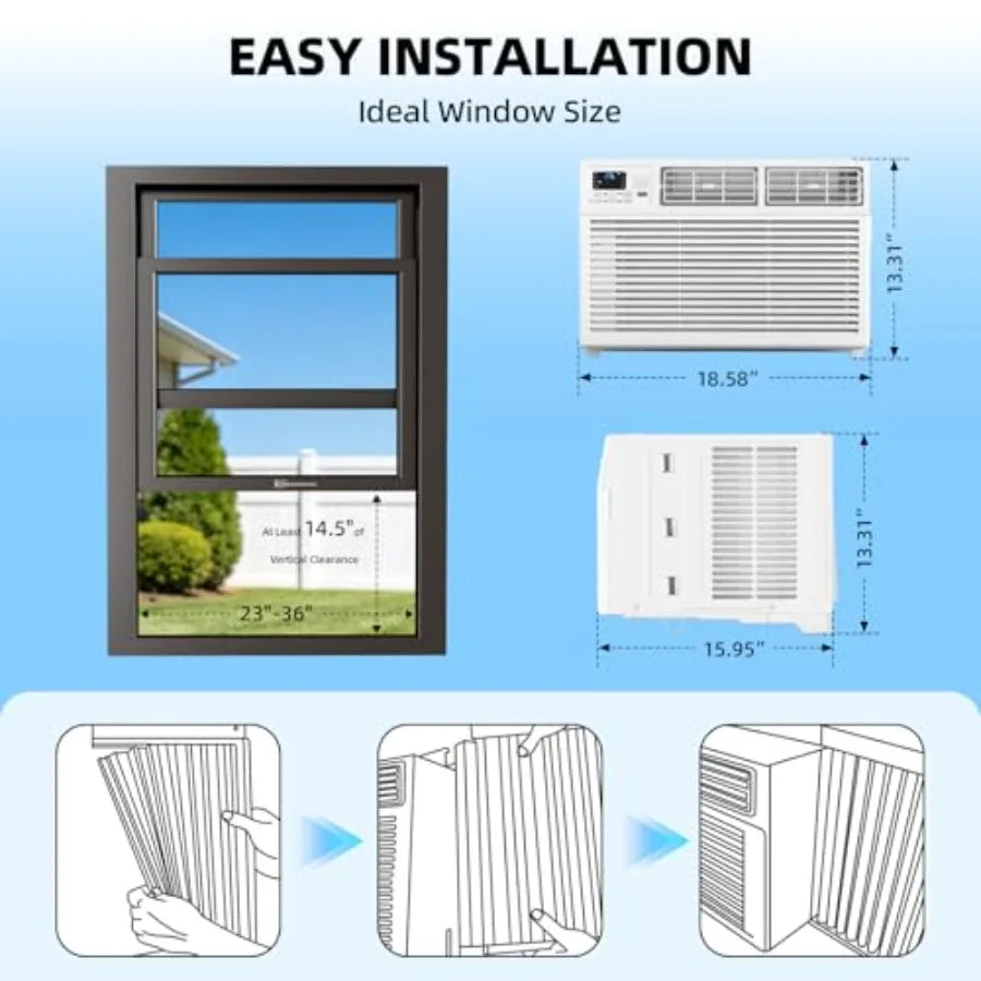 Window air conditioner for home use, white ABS plastic, 8000 BTU cooling capacity, 6-in-1 modes with remote, energy-saving, coo