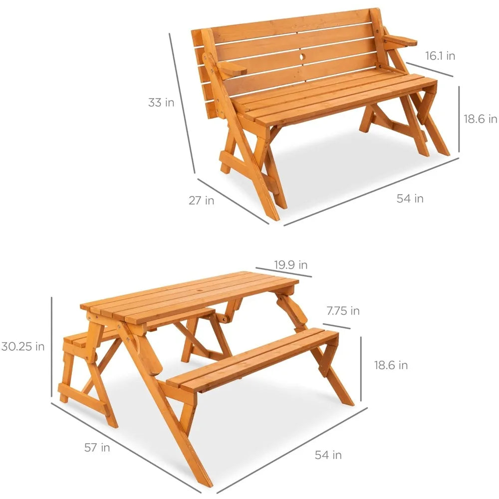 2-In-1 Transforming Outdoor Wooden Picnic Table Bench For Backyard Patio