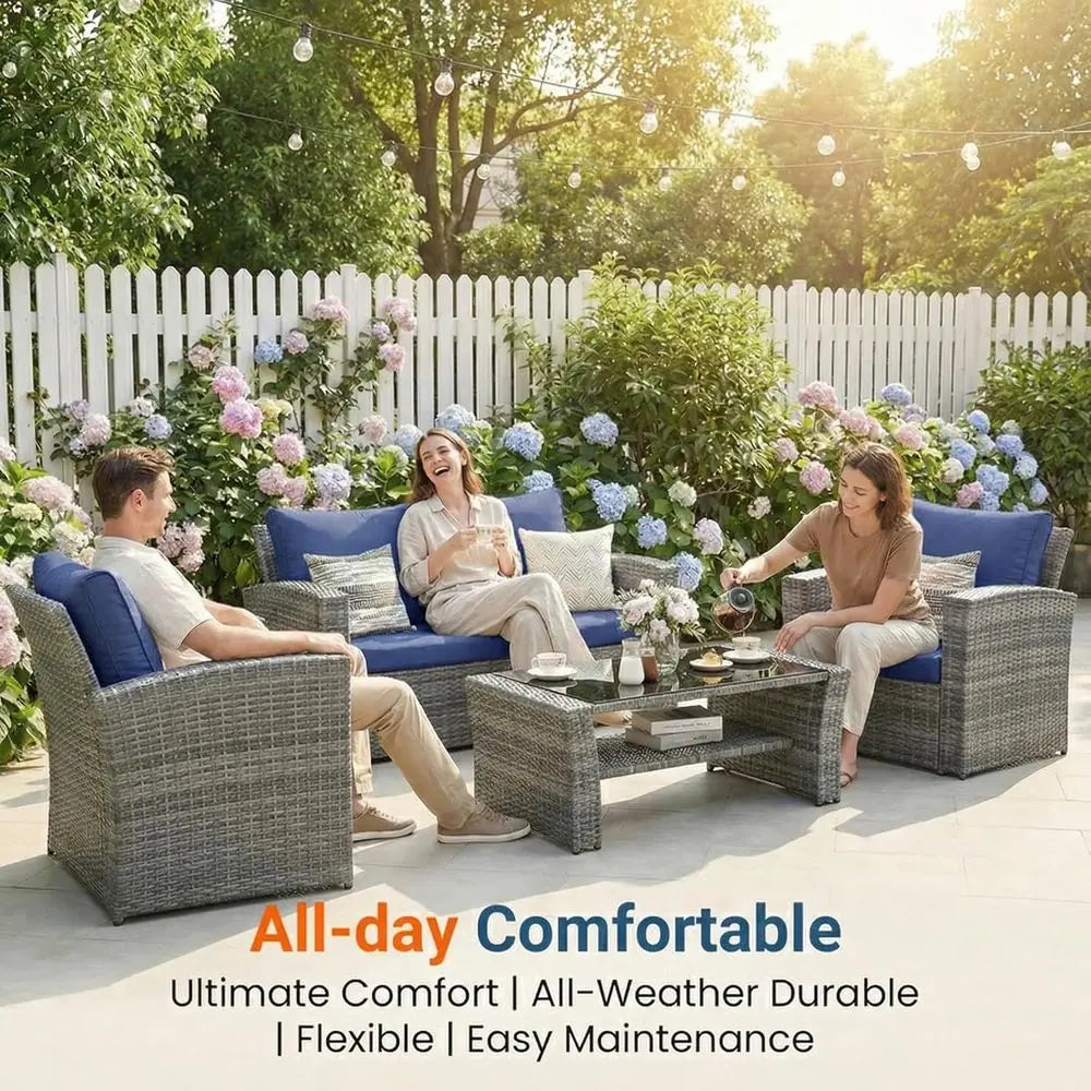 4-Piece Outdoor Patio Furniture Set With Wicker And Glass Table