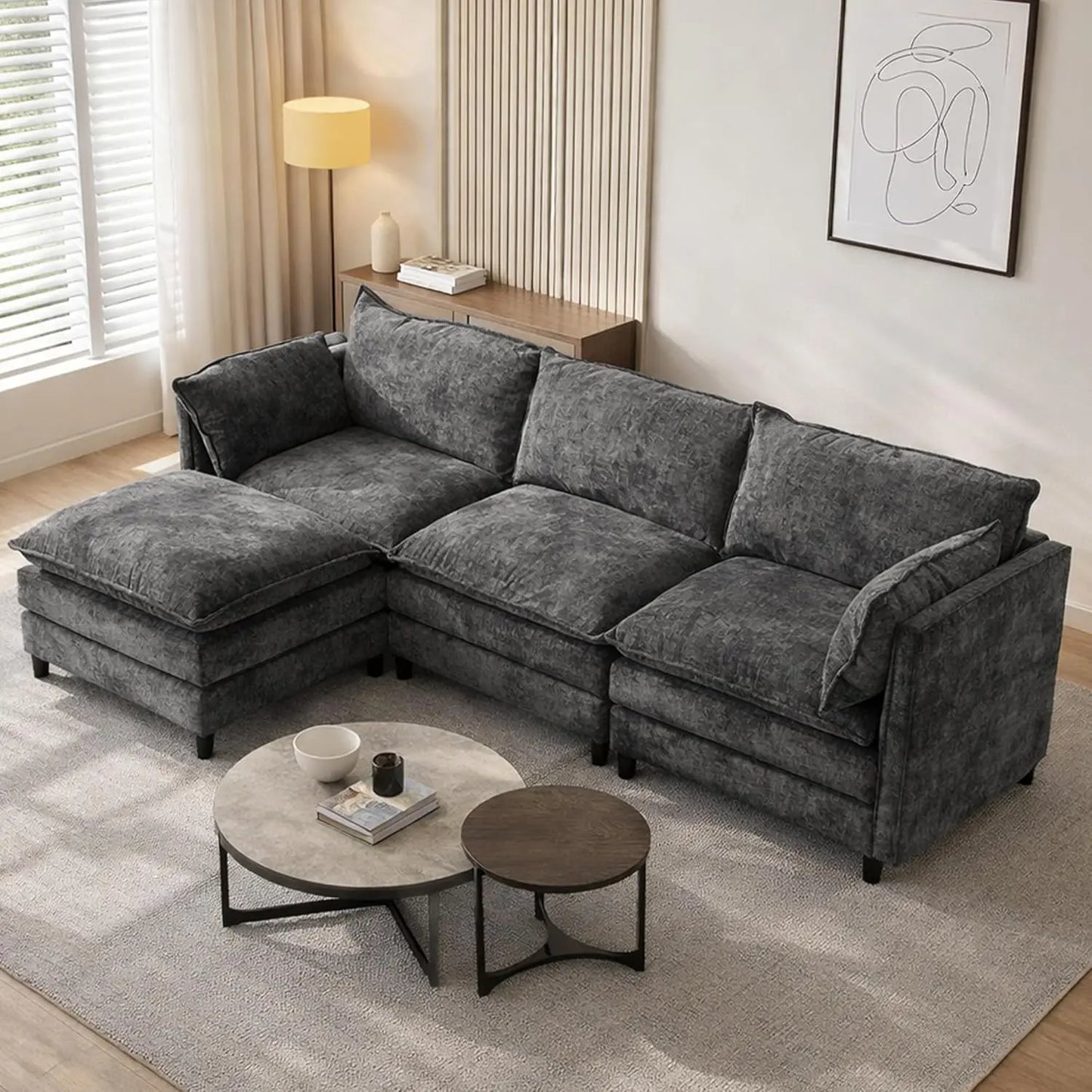 L Shaped Modular Sectional Sofa Chenille Cloud Couch Movable Ottoman