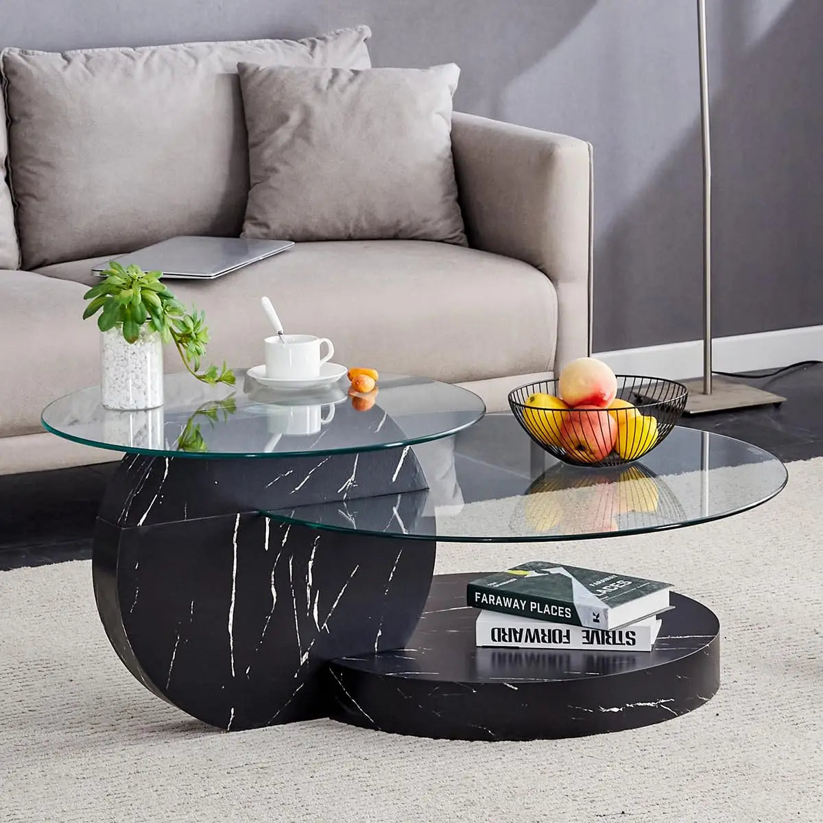 Tempered Glass Coffee Table With Three Tier Wood Base