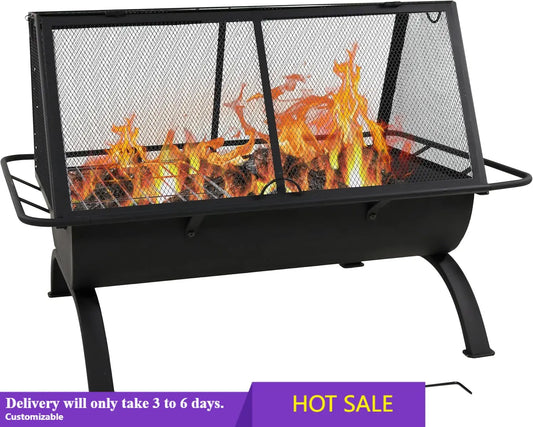 Outdoor Fire Pit With Grill, Spark Screen, Cover, And Poker