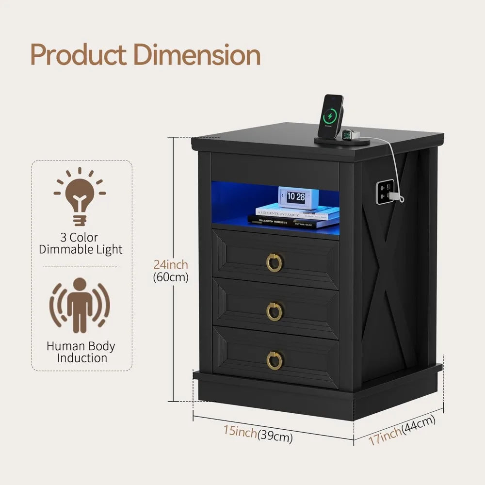 Farmhouse Nightstand With Gun Drawer, Led Lights And Charging Station