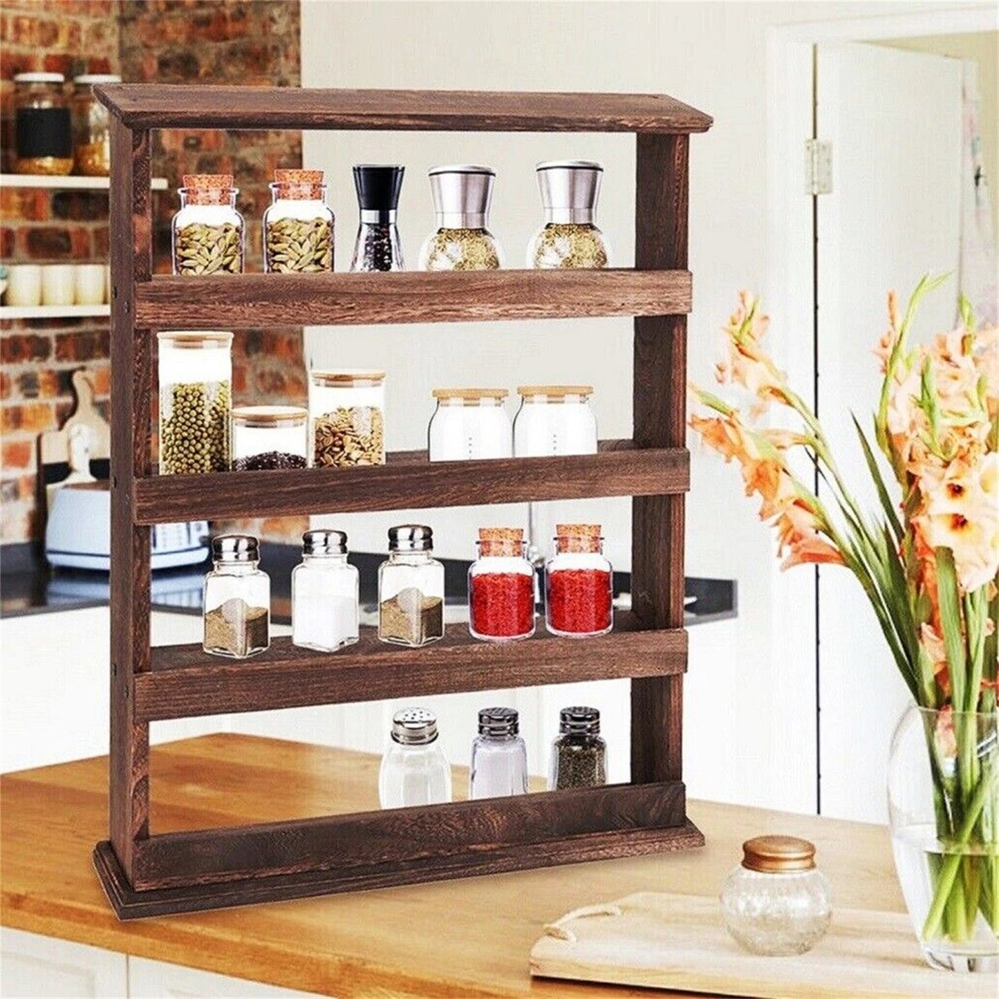 Rustic Torched Wood Wall Mounted 4-Tier Spice Rack Storage Organizer