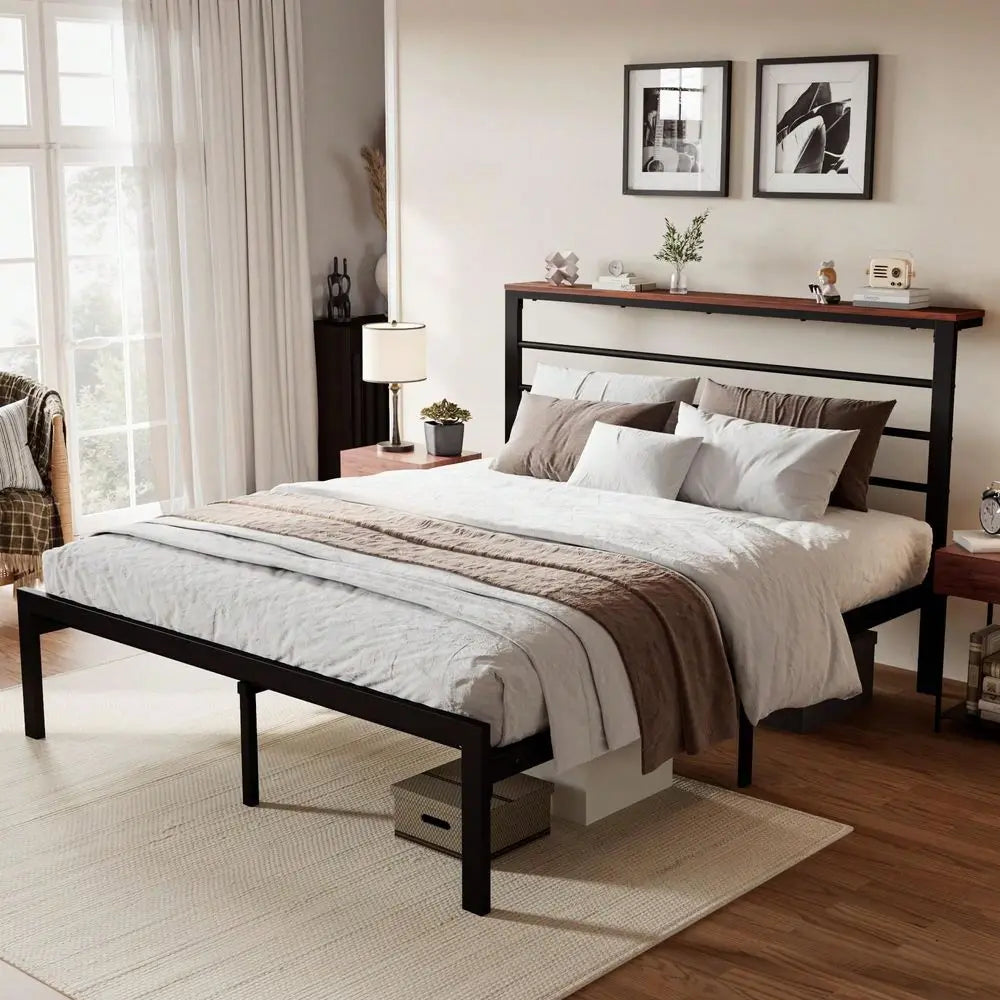 Twin Full Queen King Size Bed Frame With Headboard Shelf, Heavy Duty Platform Bed Frame With Strong Metal Foundation, No Box Sp