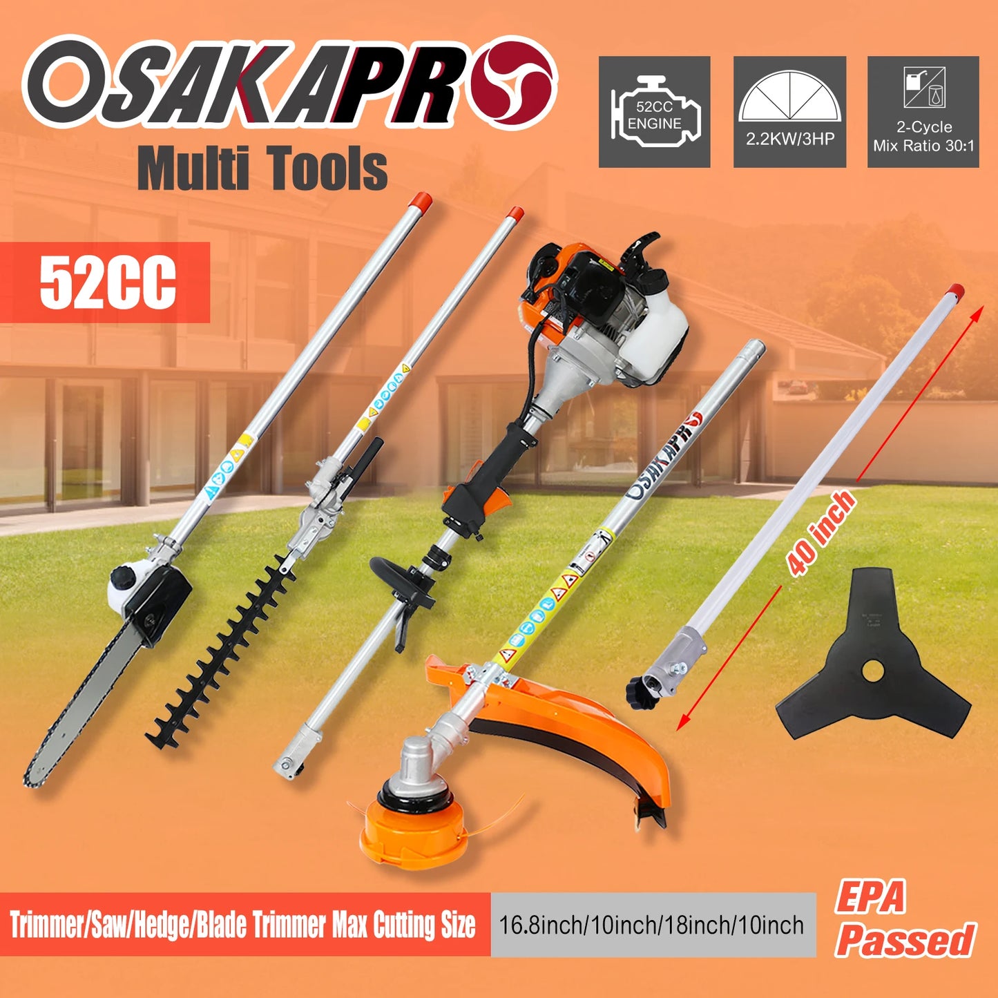 10 in 1 Multi-Functional Trimming Tool, 52CC 2-Cycle Garden Tool System with Gas Pole Saw, Hedge Trimmer, Grass Trimmer, and Bru