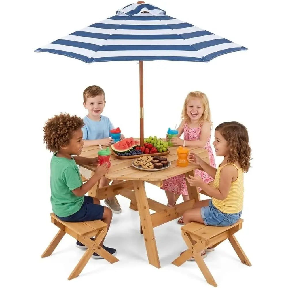 Wood Octagon Kids Picnic Table Set With Umbrella