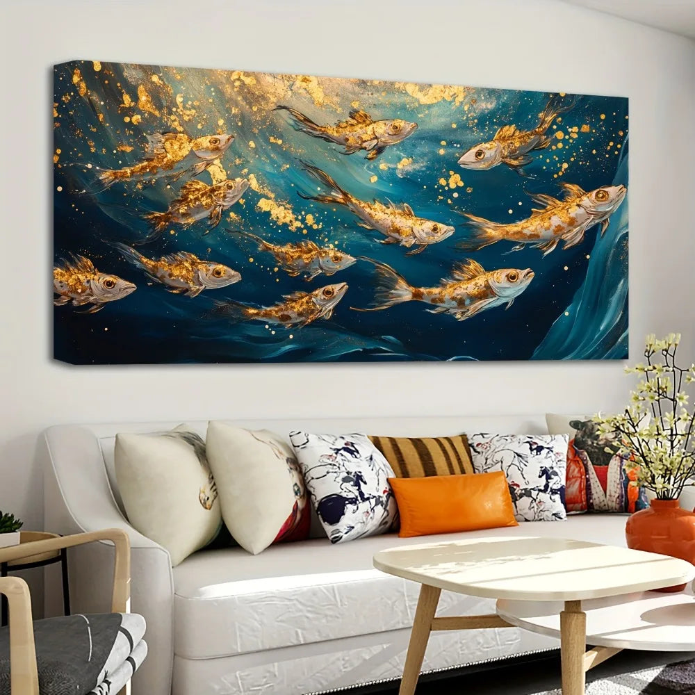 Abstract Ocean Goldfish Painting In Pine Wood Frame