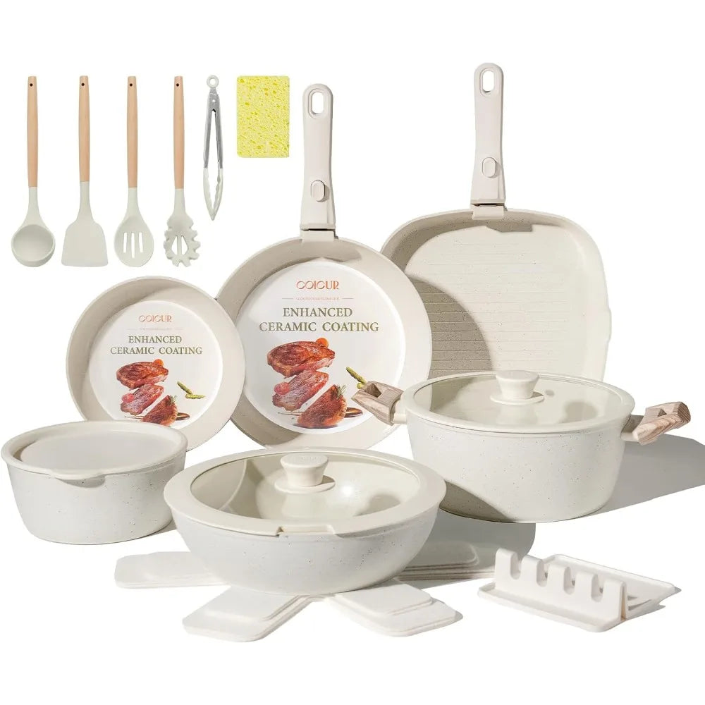 23Pcs Ceramic Cookware Set Non Stick Pots and Pans Set Non Toxic with Detachable Handle Induction Kitchen Cookware Set Space Sav