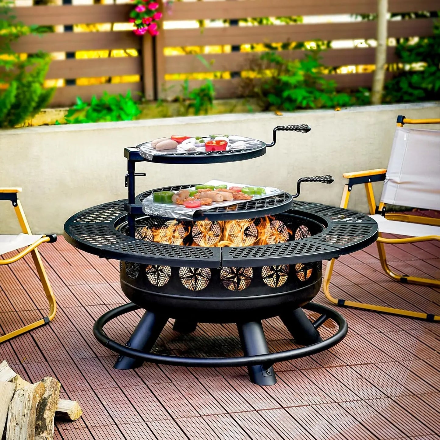 Outdoor Premium Cast Iron Fire Pit With Lid Grills 3In1
