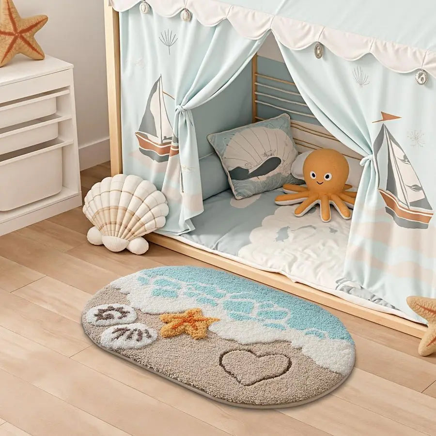 Soft and Absorbent Beach Bathroom Rug, NonSlip Backing, Ideal for Bathroom, Kitchen and Entryway Decor, Sea Beach Starfish Shell