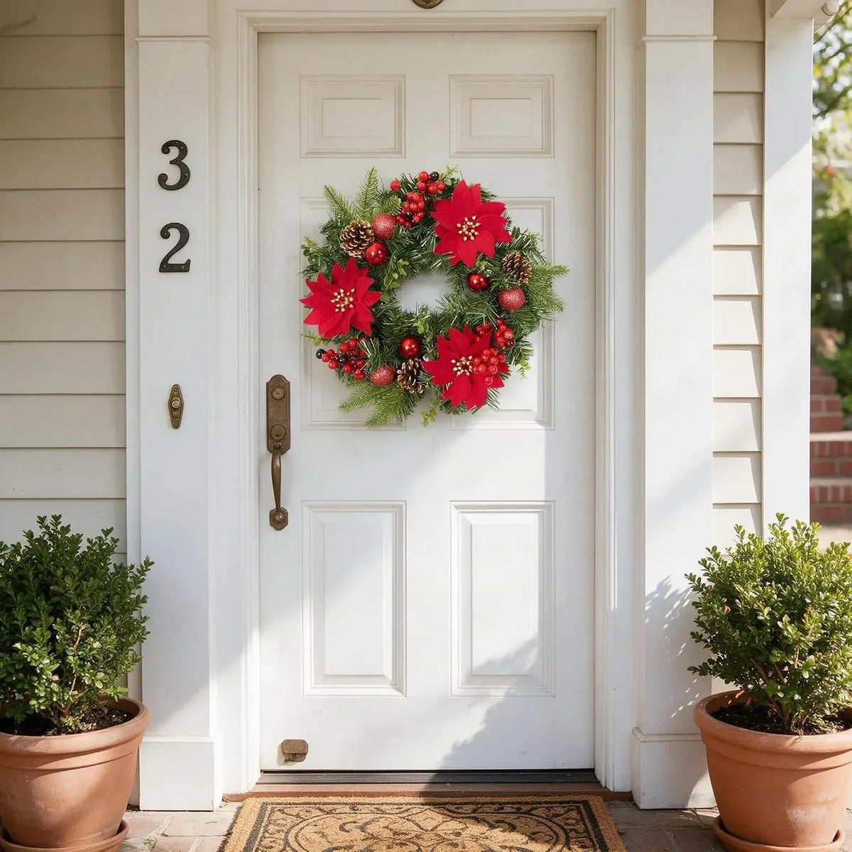 Garvee Christmas Wreath With Red Poinsettia Flowers For Holiday Decor