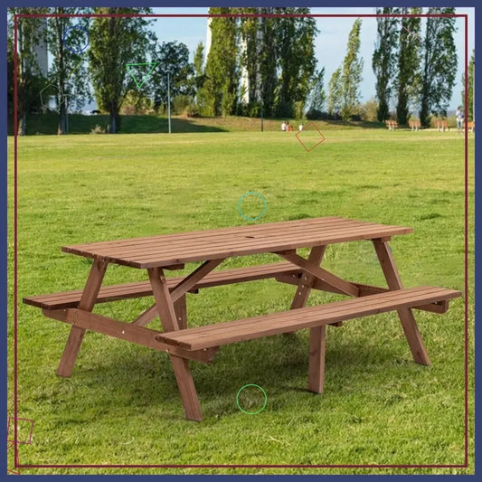 Outdoor Wooden Picnic Table With Benches And Umbrella Hole