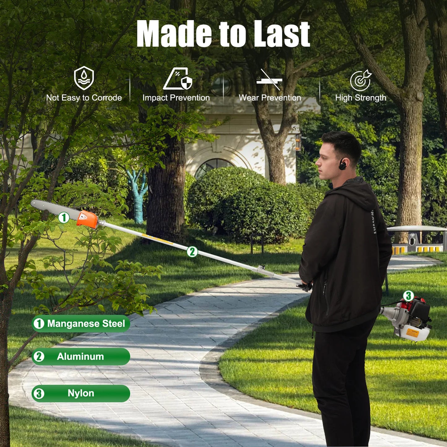 Adjustable Long Branch Saw 12inch 43CC Two-stroke Gas Hedge Trimmer Gas Powered Pole Hedge Trimmer Suitable for Branch Trimming