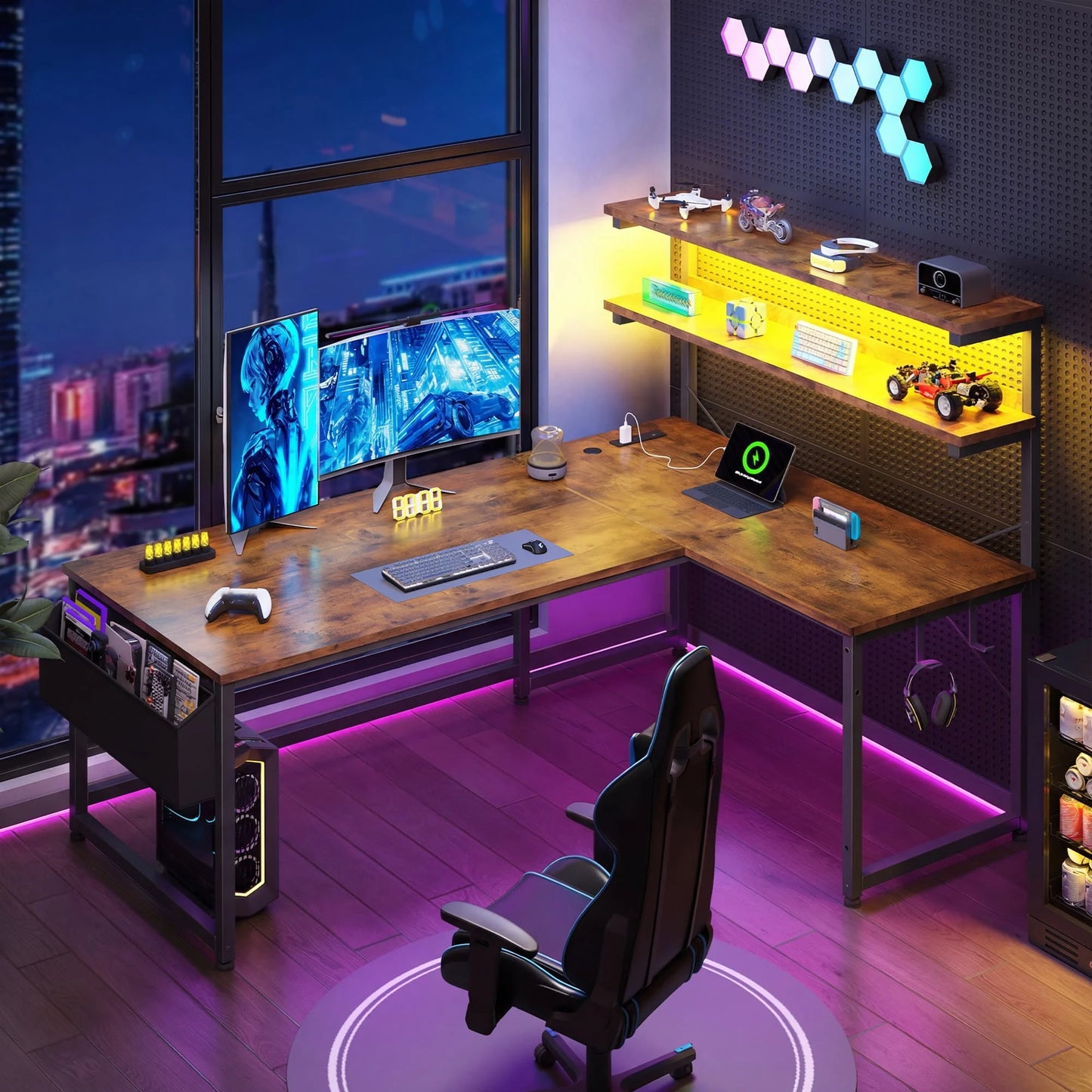 EnHomee L Shaped Office Desk With RGB LED Lights And Storage Shelf