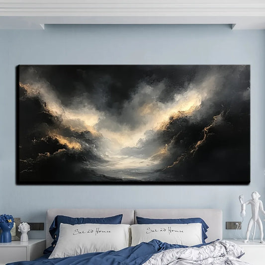 Abstract Black Gold Texture Modern Art Painting With Pine Frame