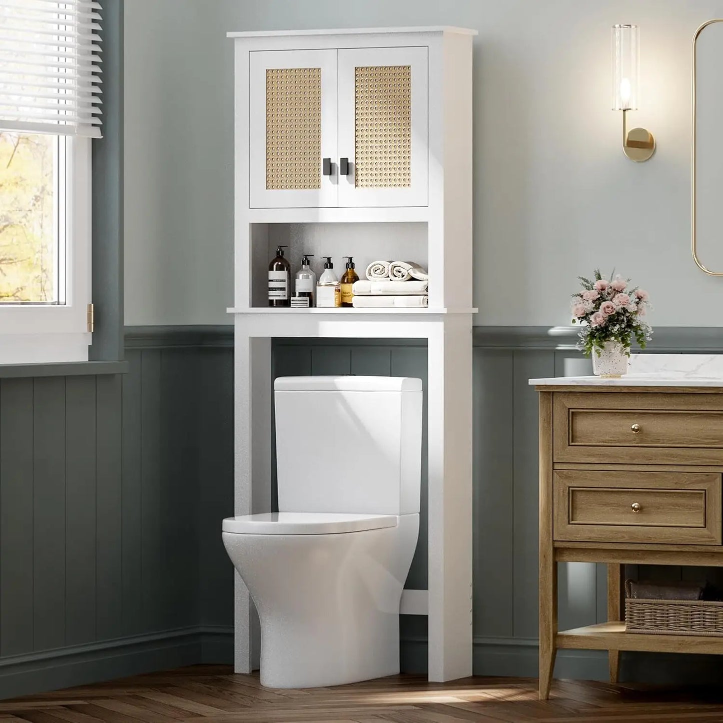 Farmhouse White Over Toilet Storage Cabinet with Natural Rattan Doors, Adjustable Shelf Toilet Rack