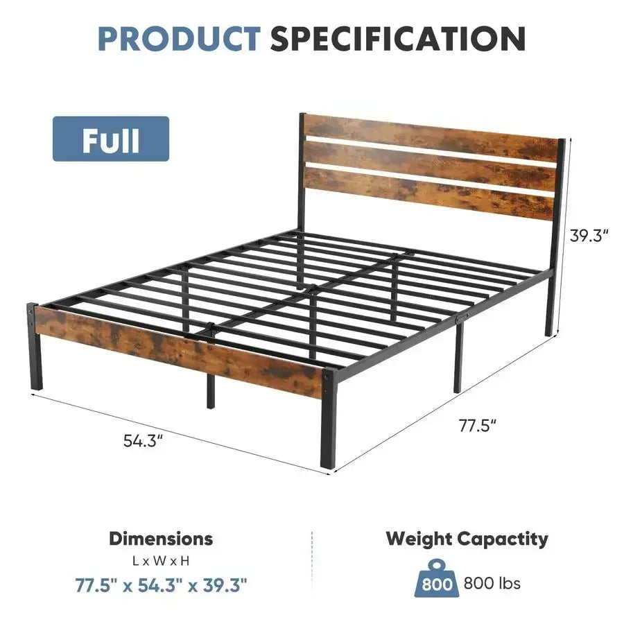 Full Size Bed Frame with Headboard, 800LBS Mattress Foundation with All Sturdy Metal Support, Under Bed Storage, No Box Spring