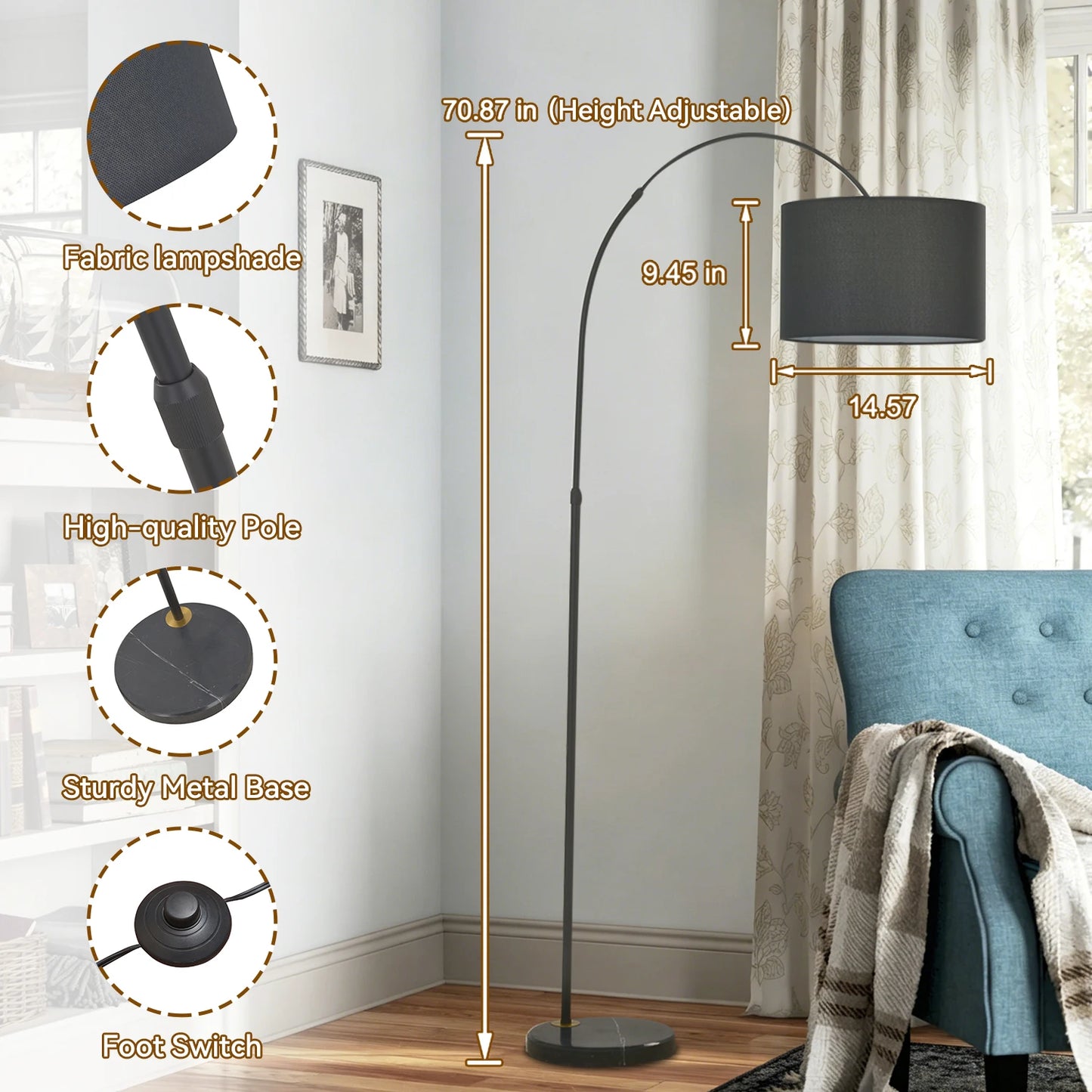 Mid Century Floor Lamp With Fabric Shade Arc Adjustable Height