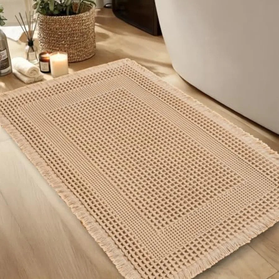 Waffle Bath Mat Absorbent Non Slip Bathroom Rug With Tassels