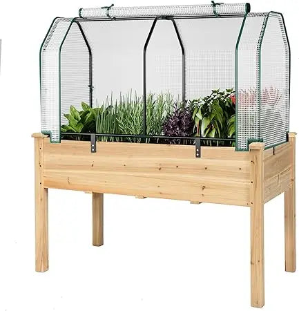 Raised Garden Bed with Greenhouse Cover, Elevated Wooden Planter Box, 48”L x 22”W x 30”H, Outdoor Gardening Planting