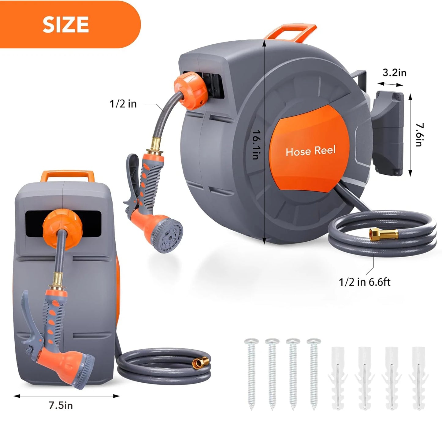 Retractable Garden Hose Reel 1/2 In x 100 FT Wall Mounted Water Hose Reels for Outside 180° Swivel Bracket & Any Length Lock