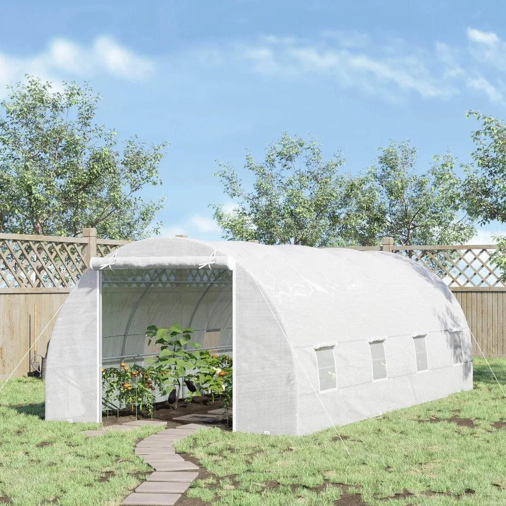 20' x 10' x 7' Walk-in Tunnel Greenhouse with Zippered Door & 8 Mesh Windows, Large Garden Green House Kit, Galvanized